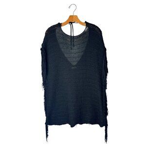 Zara Sweater Women Small Black Open Knit‎ V Back Fringe Sides Short Sleeve Tunic